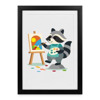 Raton laveur créatif pour les amateurs d’art, petits et grands - Affiche encadrée (27 × 37 cm) - noir - Devant