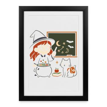 Mignonne petite sorcière avec motif de chat pour la rentrée scolaire - Affiche encadrée (27 × 37 cm) - noir - Devant