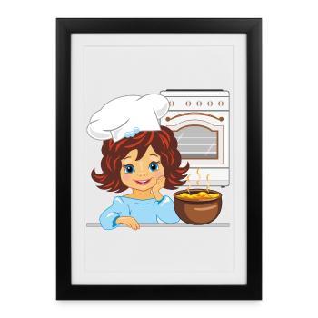 Une jolie fille prépare de la soupe dans la cuisine - Affiche encadrée (27 × 37 cm) - noir - Devant