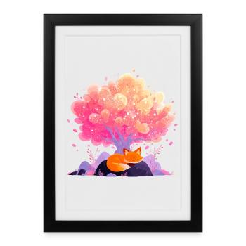 Traumblütenbaum mit schlafendem Fuchs - Gerahmtes Poster (27 × 37 cm) - Schwarz - Vorne