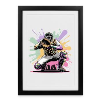 Receveur de baseball avec masque Couleurs colorées Splash - Affiche encadrée (27 × 37 cm) - noir - Devant
