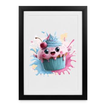 Kawaii Cupcake Splash mit Kirsche - Gerahmtes Poster (27 × 37 cm) - Schwarz - Vorne