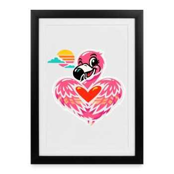 Flamant rose avec symbole de cœur | Un joli cadeau - Affiche encadrée (27 × 37 cm) - noir - Devant