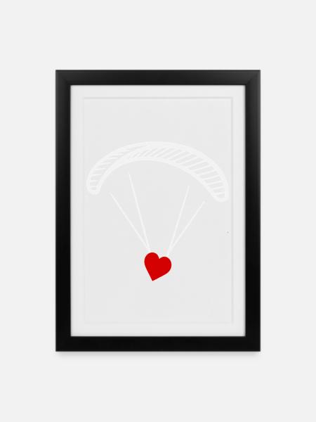 Paragleiter - Gleitschirm mit Herz - Valentinstag - Gerahmtes Poster (27 × 37 cm) - Schwarz