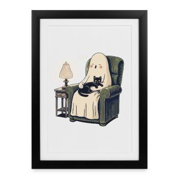 Fantôme et Chat endormis – Chat noir douillet et effrayant - Affiche encadrée (27 × 37 cm) - noir - Devant