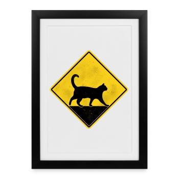 Chat panneau de signalisation jaune - Affiche encadrée (27 × 37 cm) - noir - Devant