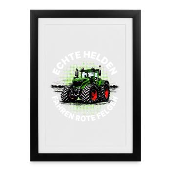 Les vrais héros conduisent des jantes rouges – vert tracteur - Affiche encadrée (27 × 37 cm) - noir - Devant