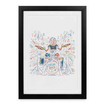 Weibliche Schlagzeugerin spielt Trommelsatz Zeichnung Druck - Gerahmtes Poster (27 × 37 cm) - Schwarz - Vorne
