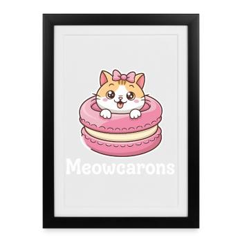 Motif mignons de Miaoucarons avec chat et macaron - Affiche encadrée (27 × 37 cm) - noir - Devant