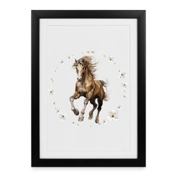 Cheval galop aquarelle floral - Affiche encadrée (27 × 37 cm) - noir - Devant