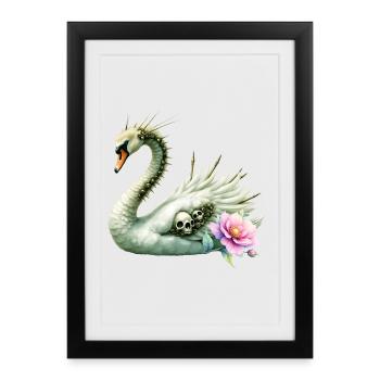 Cygne Sombre avec des crânes et des fleurs - Affiche encadrée (27 × 37 cm) - noir - Devant