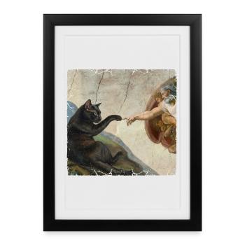 Chat gifle la main de Dieu Mème des chats drôles - Affiche encadrée (27 × 37 cm) - noir - Devant