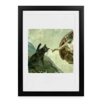 Chat gifle la main de Dieu Mème des chats drôles - Affiche encadrée (27 × 37 cm) - noir - Devant
