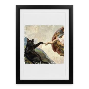 Chat gifle la main de Dieu Mème des chats drôles - Affiche encadrée (27 × 37 cm) - noir - Devant