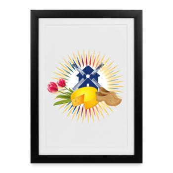 Moulin à vent avec tulipes, sabots et fromage hollandais - Affiche encadrée (27 × 37 cm) - noir - Devant