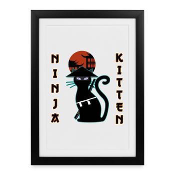 Ninja chat samouraï minou assassin minou miaou - Affiche encadrée (27 × 37 cm) - noir - Devant