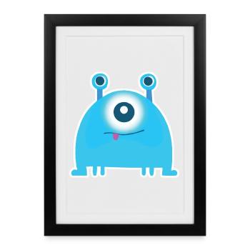 Monstre borgne mignon | Drôle d’extraterrestre bleu Chibi - Affiche encadrée (27 × 37 cm) - noir - Devant