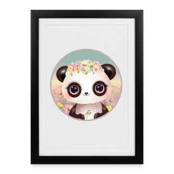 Panda mignon sur une prairie fleurie au printemps - Affiche encadrée (27 × 37 cm) - noir - Devant