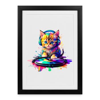 Chaton DJ - Arc-en-ciel 2 - Affiche encadrée (27 × 37 cm) - noir - Devant