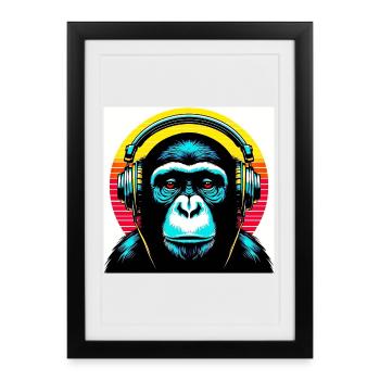 Un singe chimpanzé écoute de la musique avec des écouteurs - Affiche encadrée (27 × 37 cm) - noir - Devant