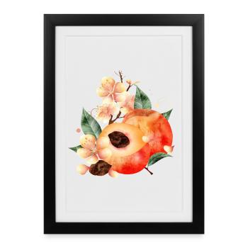 Demi-pêche, pêches, feuilles et fleurs de pêcher - Affiche encadrée (27 × 37 cm) - noir - Devant