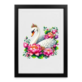 Cygne décoré de fleurs de lotus - Affiche encadrée (27 × 37 cm) - noir - Devant