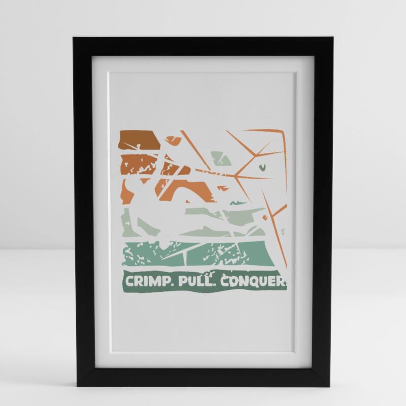 Bouldering – Crimping. Pull. Conquer. Framed poster (27 × 37 cm)