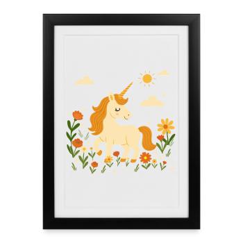 Licorne sur prairie fleurie – Scène joyeuse avec du soleil - Affiche encadrée (27 × 37 cm) - noir - Devant