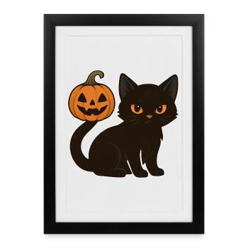 Chat noir avec citrouille d’Halloween - Affiche encadrée (27 × 37 cm) - noir - Devant