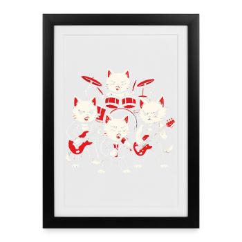 Groupe de rock Chats Jouer Batterie Guitares Musique Graphique - Affiche encadrée (27 × 37 cm) - noir - Devant