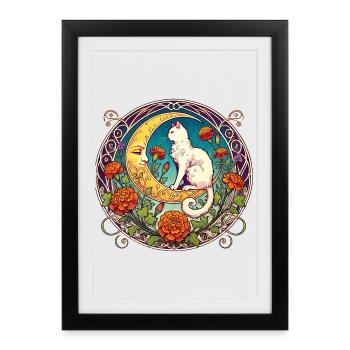 Mondscheinkatze in floralem Bogen - Gerahmtes Poster (27 × 37 cm) - Schwarz - Vorne