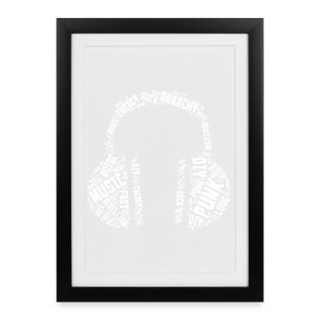 Punk Typography Headphones Word Art Design - Framed poster (27 × 37 cm) - black - Front