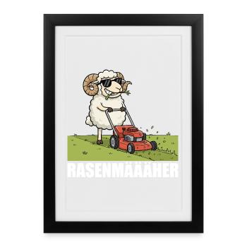 Funny Sheep Mowing Lawn - Lawn Mower Gardener - Framed poster (27 × 37 cm) - black - Front