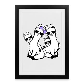 Lamas, maman, enfants, famille, papa, lunettes de soleil - Affiche encadrée (27 × 37 cm) - noir - Devant