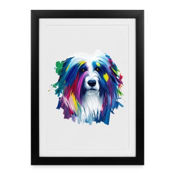 Art de peinture à l’huile vibrante du vieux chien de berger anglais - Affiche encadrée (27 × 37 cm) - noir - Devant