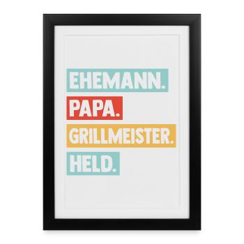 Maître du grill Papa Père Héros Hommes du barbecue - Affiche encadrée (27 × 37 cm) - noir - Devant