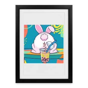 Bubble Tea Boba Drôle de Lapin mignon - Affiche encadrée (27 × 37 cm) - noir - Devant