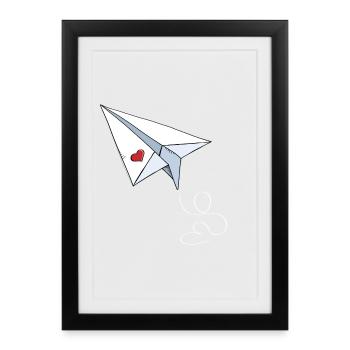 Avion en papier avec coeur - Amour - Voyage - Vol - Affiche encadrée (27 × 37 cm) - noir - Devant