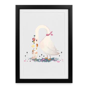 Deux cygnes dans le style d’une prairie fleurie - Affiche encadrée (27 × 37 cm) - noir - Devant