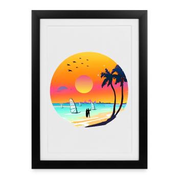 Aquarelle de plage de coucher de soleil d’été - Affiche encadrée (27 × 37 cm) - noir - Devant