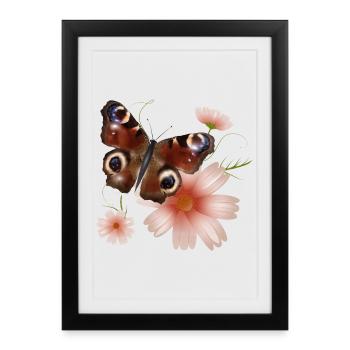 Butterfly Peacock Eye with Pink Flowers - Framed poster (27 × 37 cm) - black - Front