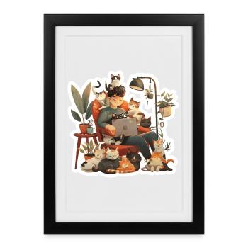 Les chats adorent les propriétaires de chats dans le bureau à domicile du soir - Affiche encadrée (27 × 37 cm) - noir - Devant