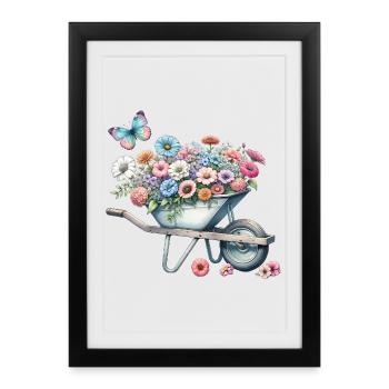 Wheelbarrow filled with pastel-colored flowers - Framed poster (27 × 37 cm) - black - Front