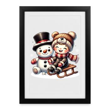Schneemann und lachendes Kind – pure Winterfreude - Gerahmtes Poster (27 × 37 cm) - Schwarz - Vorne