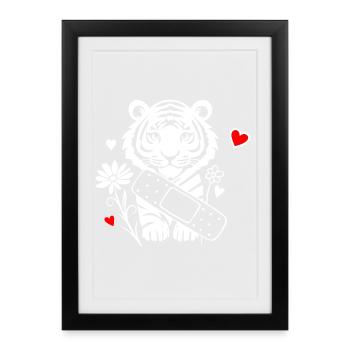 Tigre avec des emplâtres et des fleurs - Bon rétablissement - Affiche encadrée (27 × 37 cm) - noir - Devant
