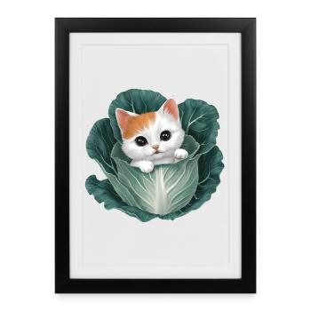 Kitten Peeking from Cabbage Leaf - Framed poster (27 × 37 cm) - black - Front
