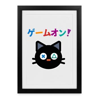 PlayCat – Japanese Gamer “Game On!” - Framed poster (27 × 37 cm) - black - Front