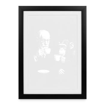 Sigmund Freud buvant du café avec un singe - Affiche encadrée (27 × 37 cm) - noir - Devant