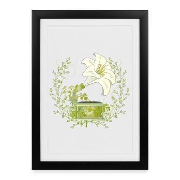 Lily Gramophone – Motif de musique florale en vert - Affiche encadrée (27 × 37 cm) - noir - Devant
