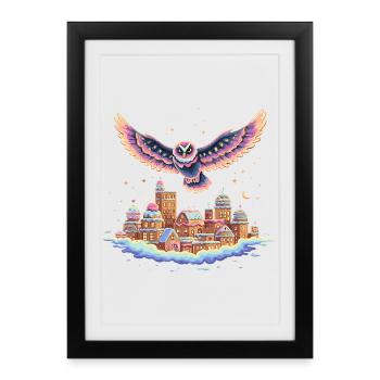 Vol de hibou pastel au-dessus de la ville des nuages - Affiche encadrée (27 × 37 cm) - noir - Devant
